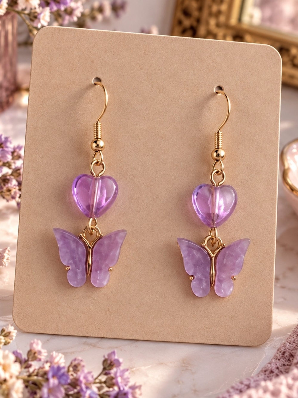 Gold-Tone Purple Heart & Butterfly Dangle Earrings New